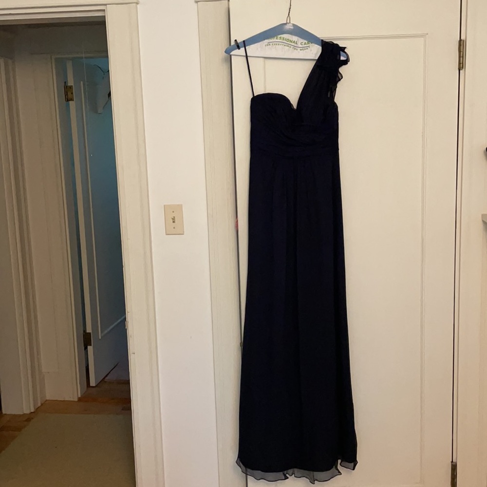 Amsale silk chiffon navy blue one shoulder bridesmaid dress size 2